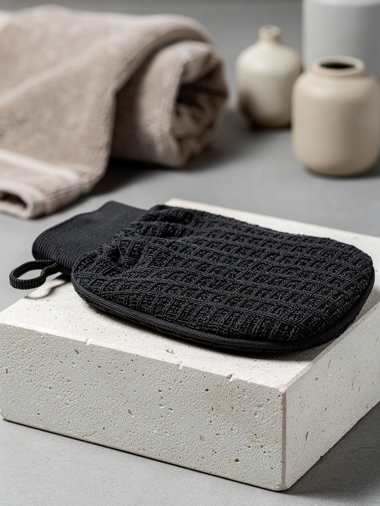 Norevella Kessa textured exfoliating mitt in premium product setting