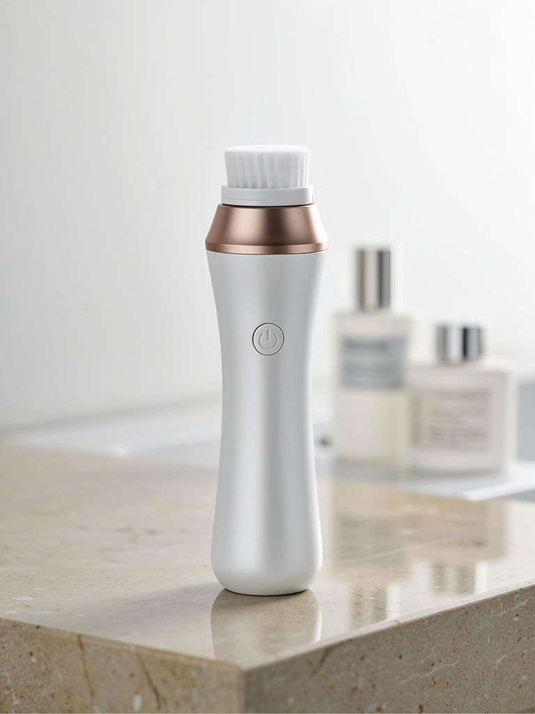 Norevella PureSpin rotating facial cleansing brush in premium skincare setting